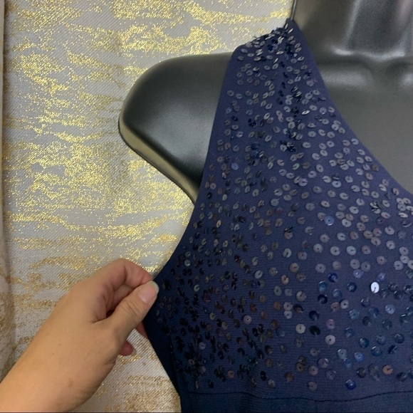 Orna Farho Dark Navy Blue Sequinned Halter Dress - Picture 6 of 13